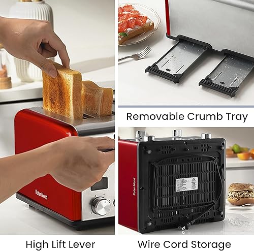 Miniatura 7 de Roter Mond Countdown - Tostadora de 4 rebanadas de acero inoxidable con bagel, descongelación, función de cancelación, tostadora doble, ranuras