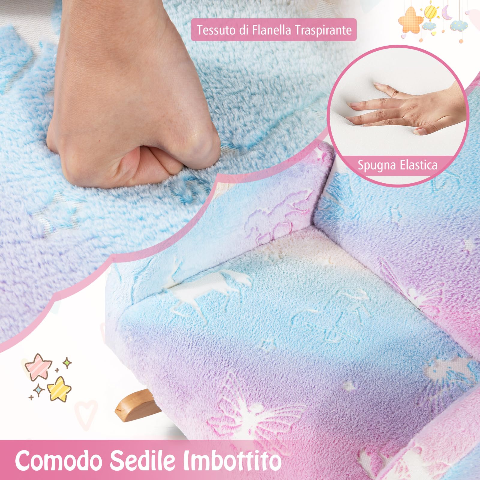 COSTWAY Sedia Dondolo per Bambini da 3 a 5 Anni, Poltrona in Flanella con Gambe in legno, Motivi che si Illuminano al Buio, per Cameretta e Soggiorno, 50 x 48 x 46 cm