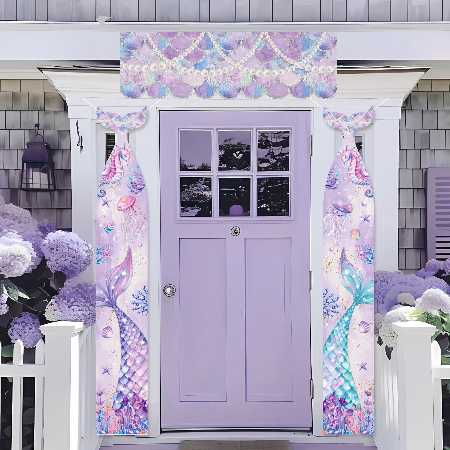 3Pcs Mermaid Porch Banners Hanging Door Banner, Welcome Summer Porch Sign Mermaid Seashell Decorations Photo Backdrop Hanging Supplies for Hawaii