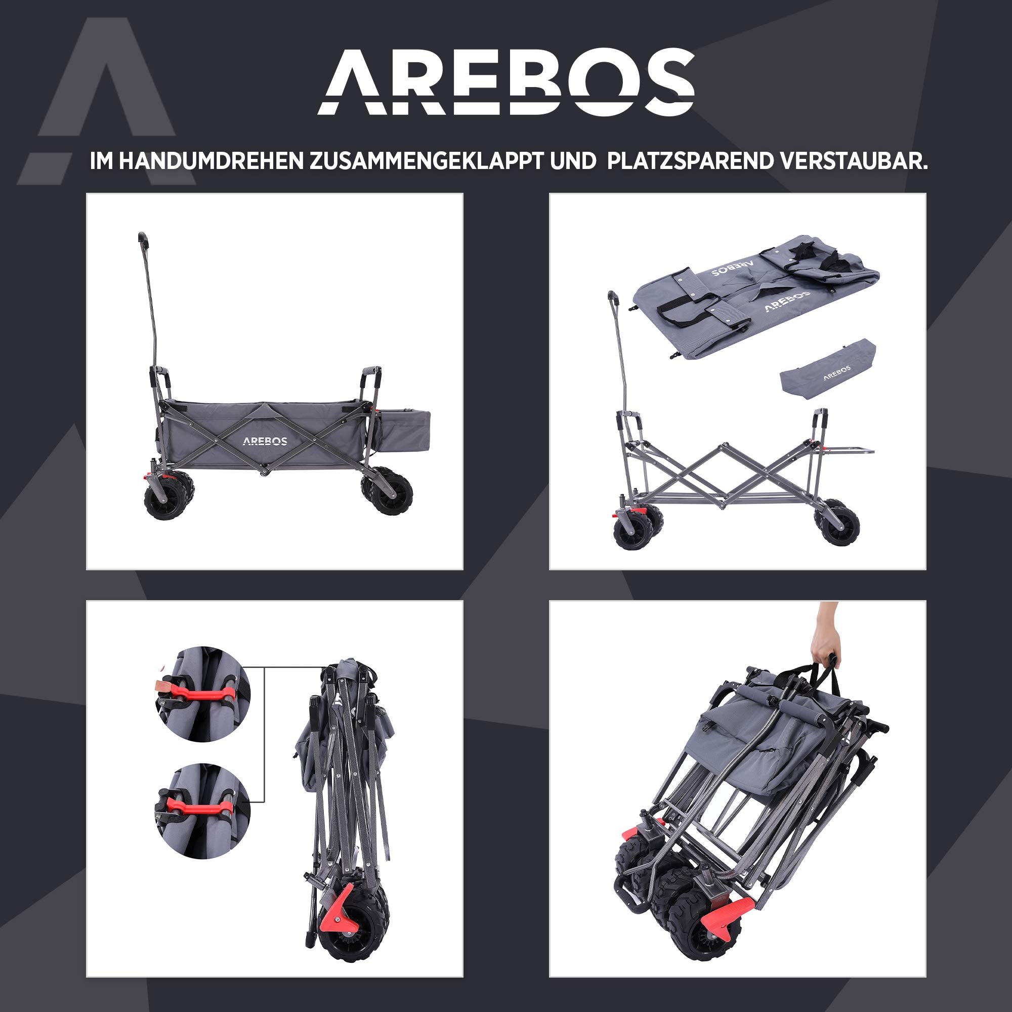 Arebos Bollerwagen faltbar mit Dach | Handwagen | Transportkarre Gerätewagen inkl. 2 Netztaschen und Einer Außentasche | Vorderrad-Bremse | klappbar | Vollgummi-Reifen | bis 100 kg Tragkraft | Grau