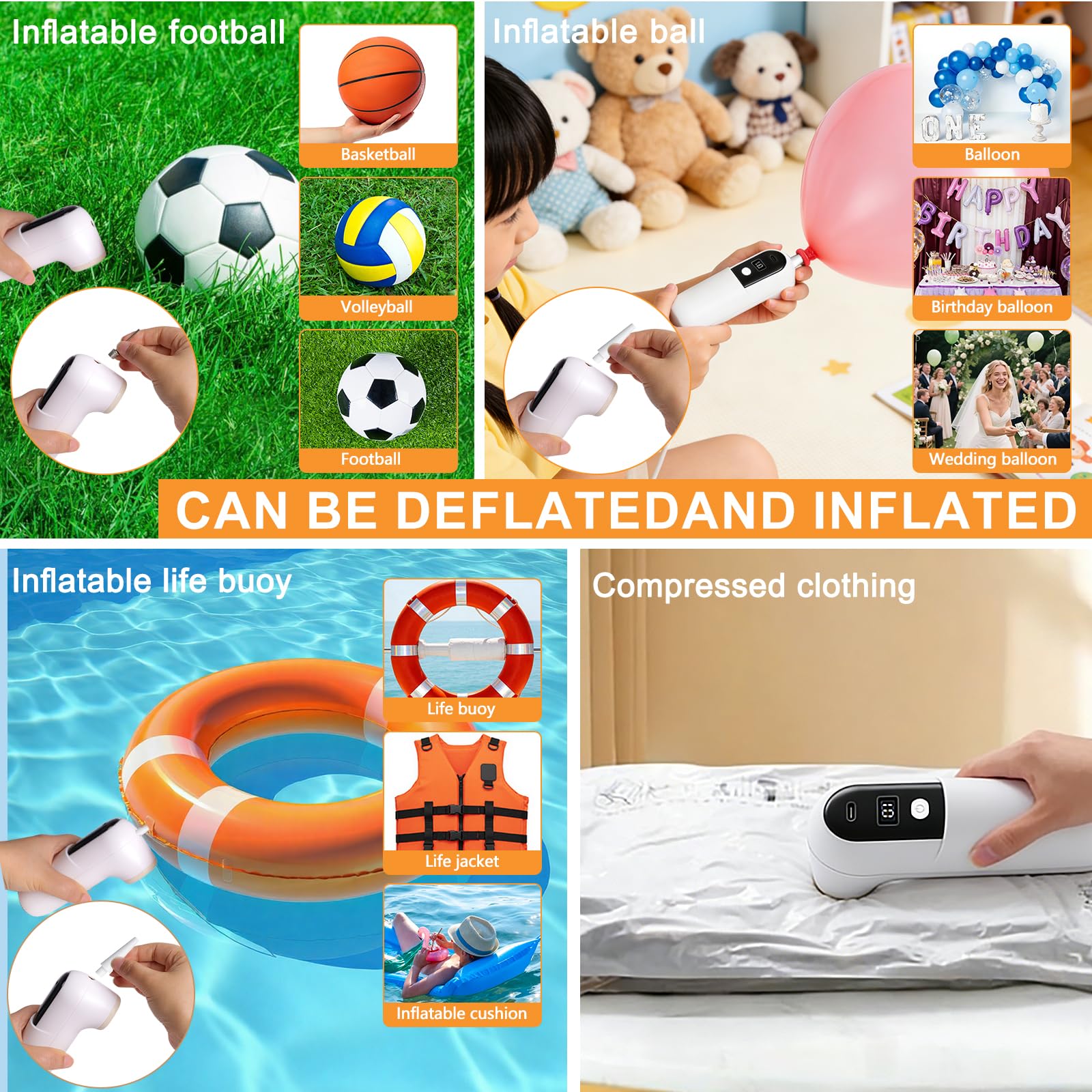 6 IN 1 Vakuumiergerät Set, Mini Handvakuumierer, Vakuumierer für Einmachgläser mit 4 Deckeln und 3 Düsen,Quick-Fill Inflator Deflator für Gläser, Vakuumbeutel, Luftbett,USB-Aufladung
