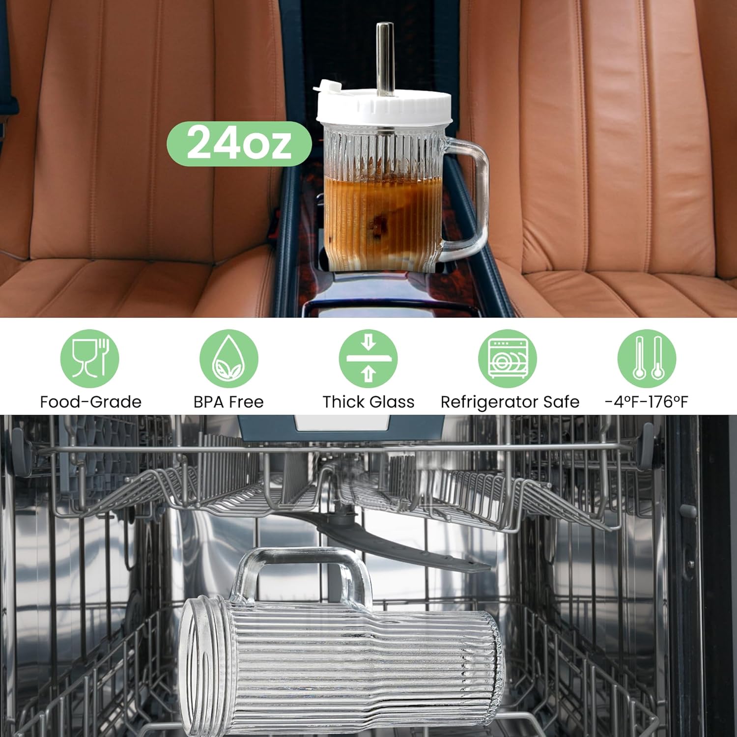 Birity 24oz Ribbed Glass Cup with Lids and Straws,2Pack Glass Tumbler with Handle,Reusable lced Coffee Cups with lids-Glass Cups with Lids,Mason Jar Cup for Smoothie,Coffee,Juice,Water,Tea,Travel Mug - Image 2