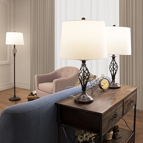 Lavish Home Lámparas de mesa y pie - Juego de 3 luces de diseño de jaula en espiral para sala de estar, dormitorio o entrada con bombillas LED