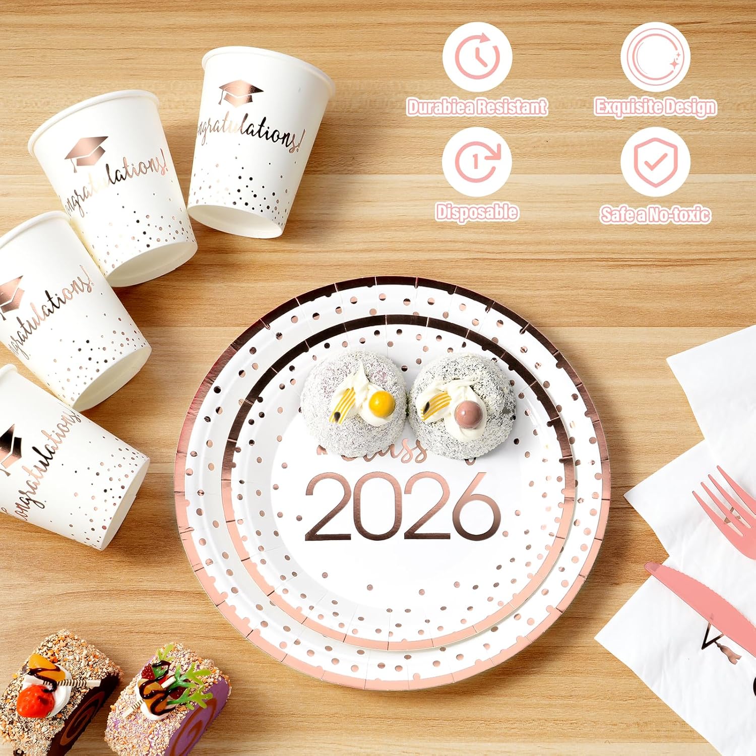 350pcs Class of 2026 Graduation Plates and Napkins Set, Disposable Paper Plate Set Polka Dots Napkins Cups Knife Fork Spoon for Graduation Party Decorations and Supplies,Serve 50 (White Rosegold)