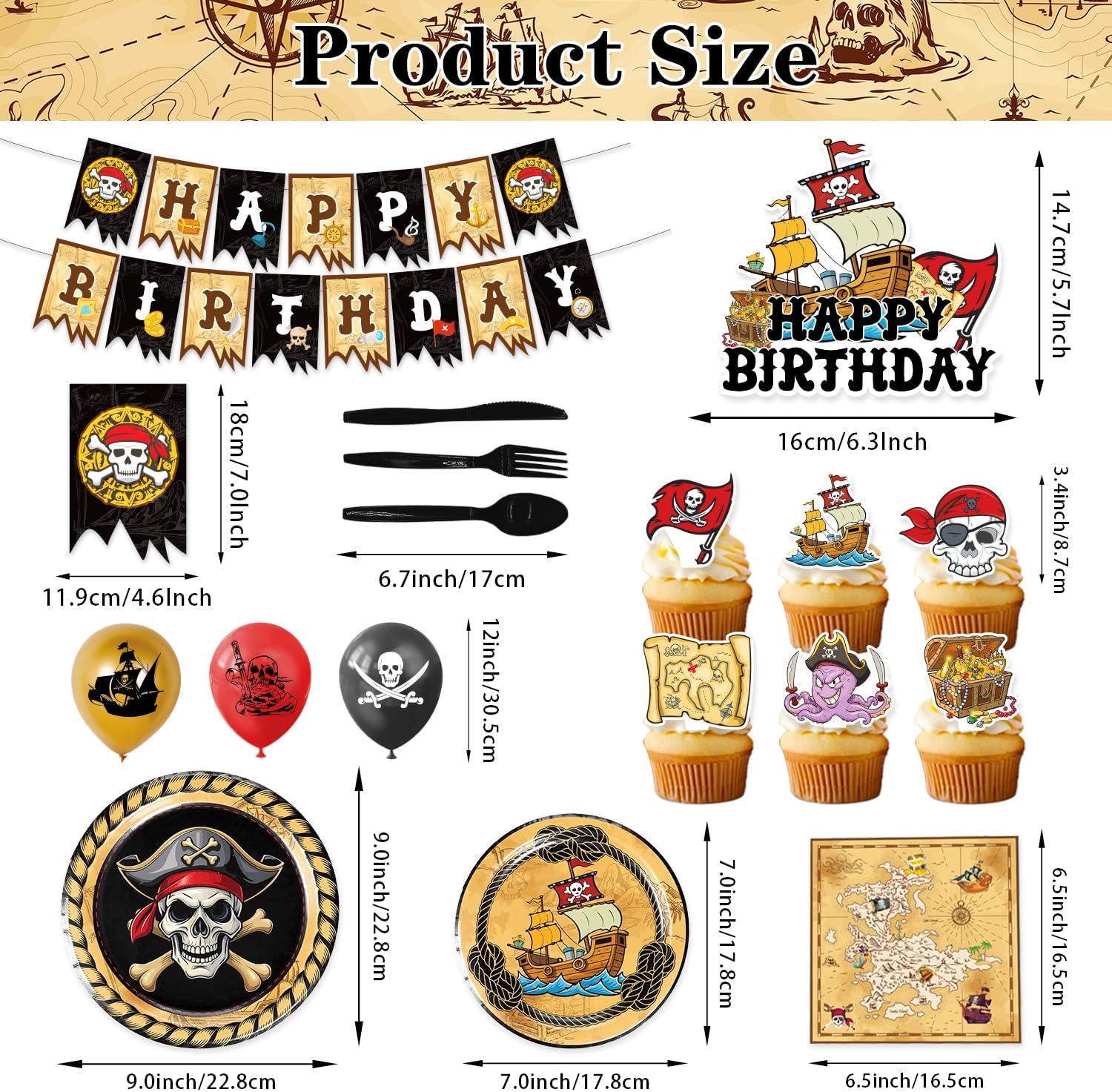120Pcs Pirate Party Decorations，Pirate Birthday Decorations,Pirate Themed Party Decorations,Set Include：Balloons,Backdrop,Banner, Cake Toppers，Plates And Napkins，Tableware, Tablecloth