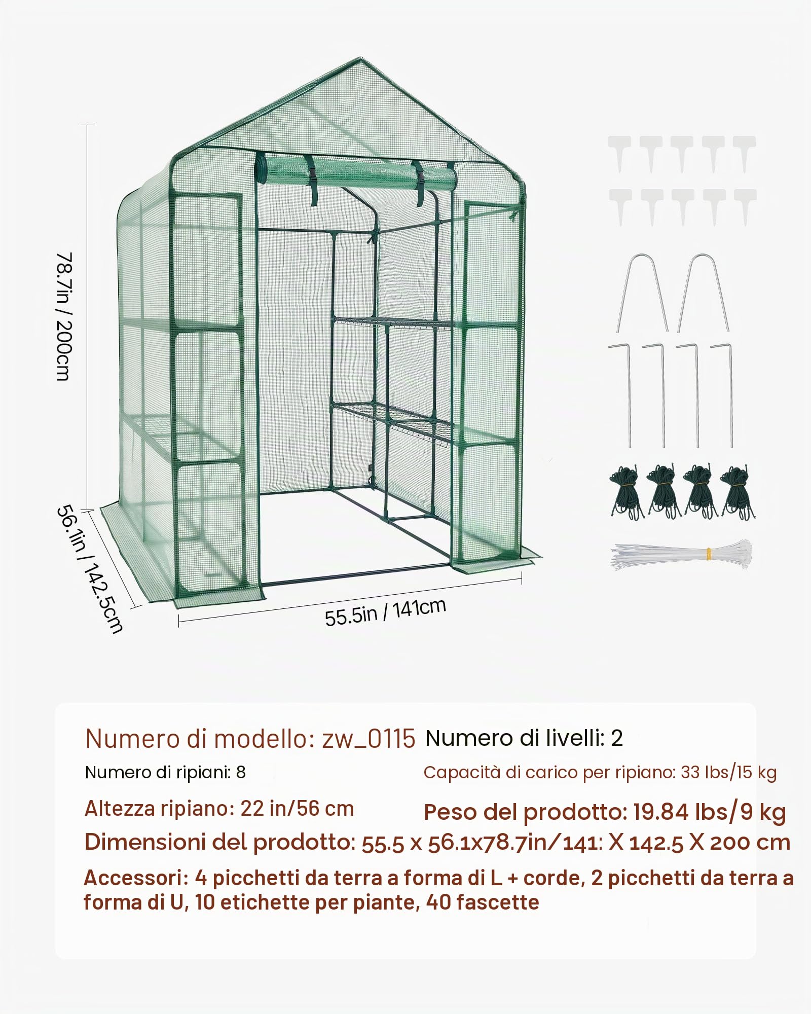 VEVOR Serra Portatile con Ripiani Telone in PE Porta Arrotolabile 141 x 141 x 200 cm Carico Massimo 15 kg da Giardino Cortile Terrazza Struttura Pieghevole, Serra con Ripiani per Piante Fiori Verdure