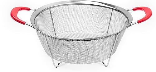 Hercules Chef by Mundial - Colador de acero inoxidable de 9.8 pulgadas con asas de silicona roja, malla fina resistente para pasta, verduras y