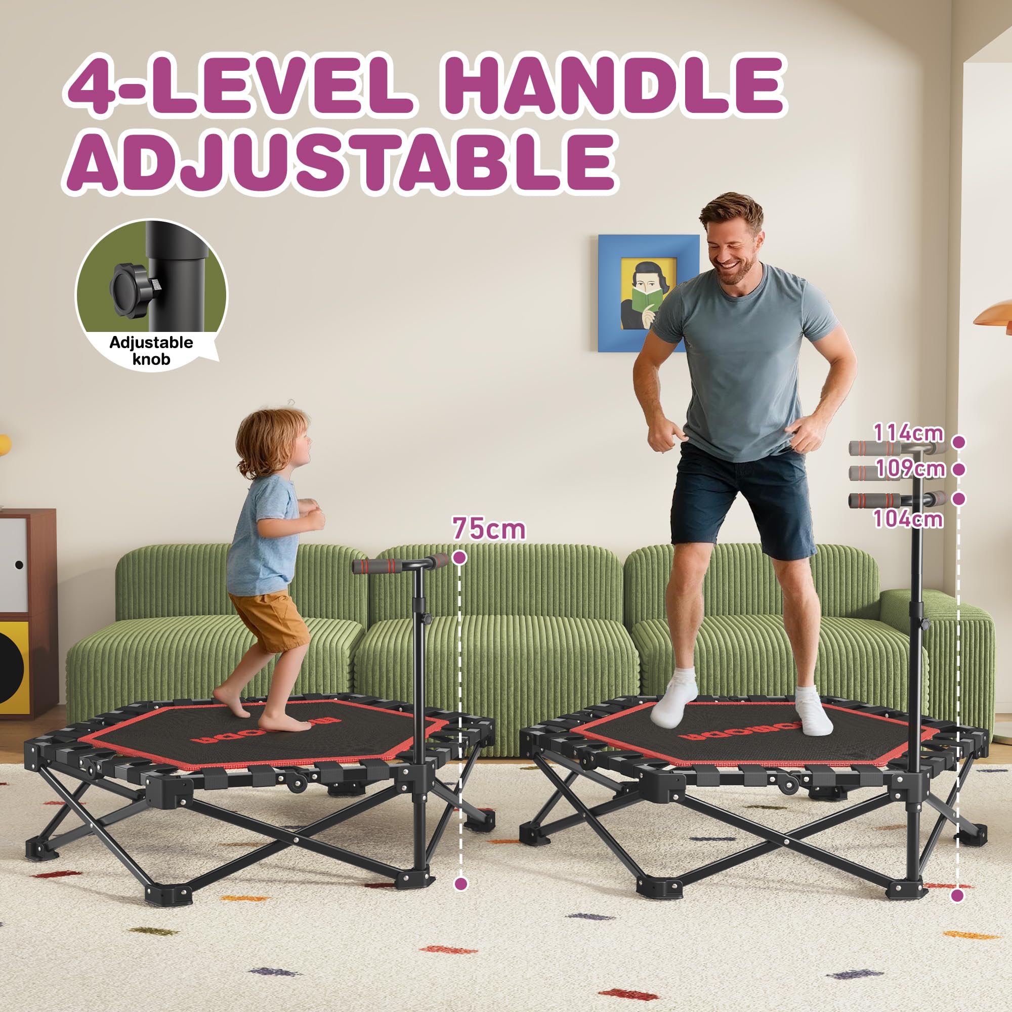 MOMODA Mini Trampoline de 76,2 cm/114,3 cm pour Enfants et Adultes, Trampoline d'exercice Pliable avec poignée, Charge maximale de 90,7 kg