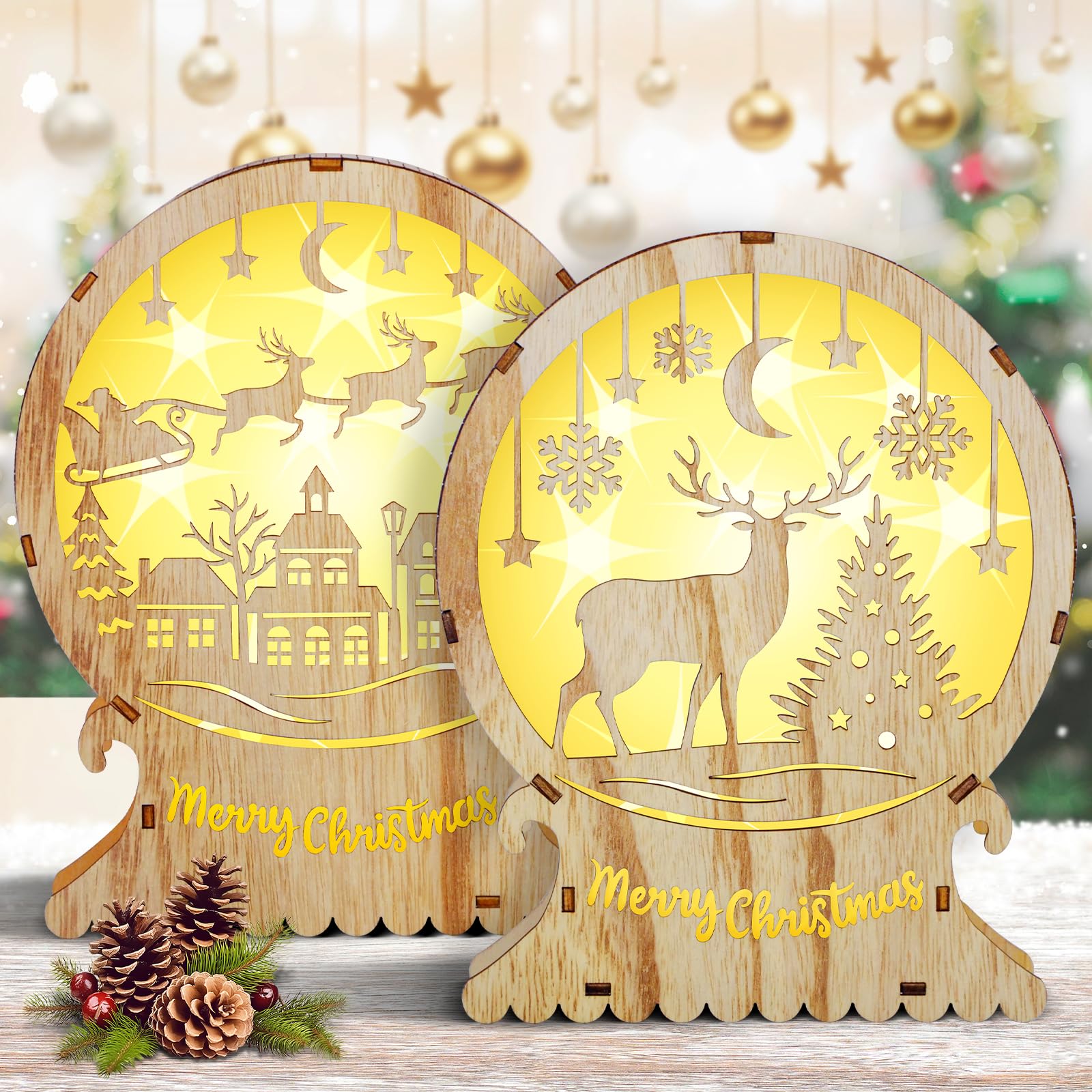 FTJKGH Navideña Iluminada de Madera Led, Alce Luz LED, Led de Madera Luces de Navidad, Adornos Navideños, Adornos de sobremesa Luminosos, Iluminación a Pilas, Blanca Cálida