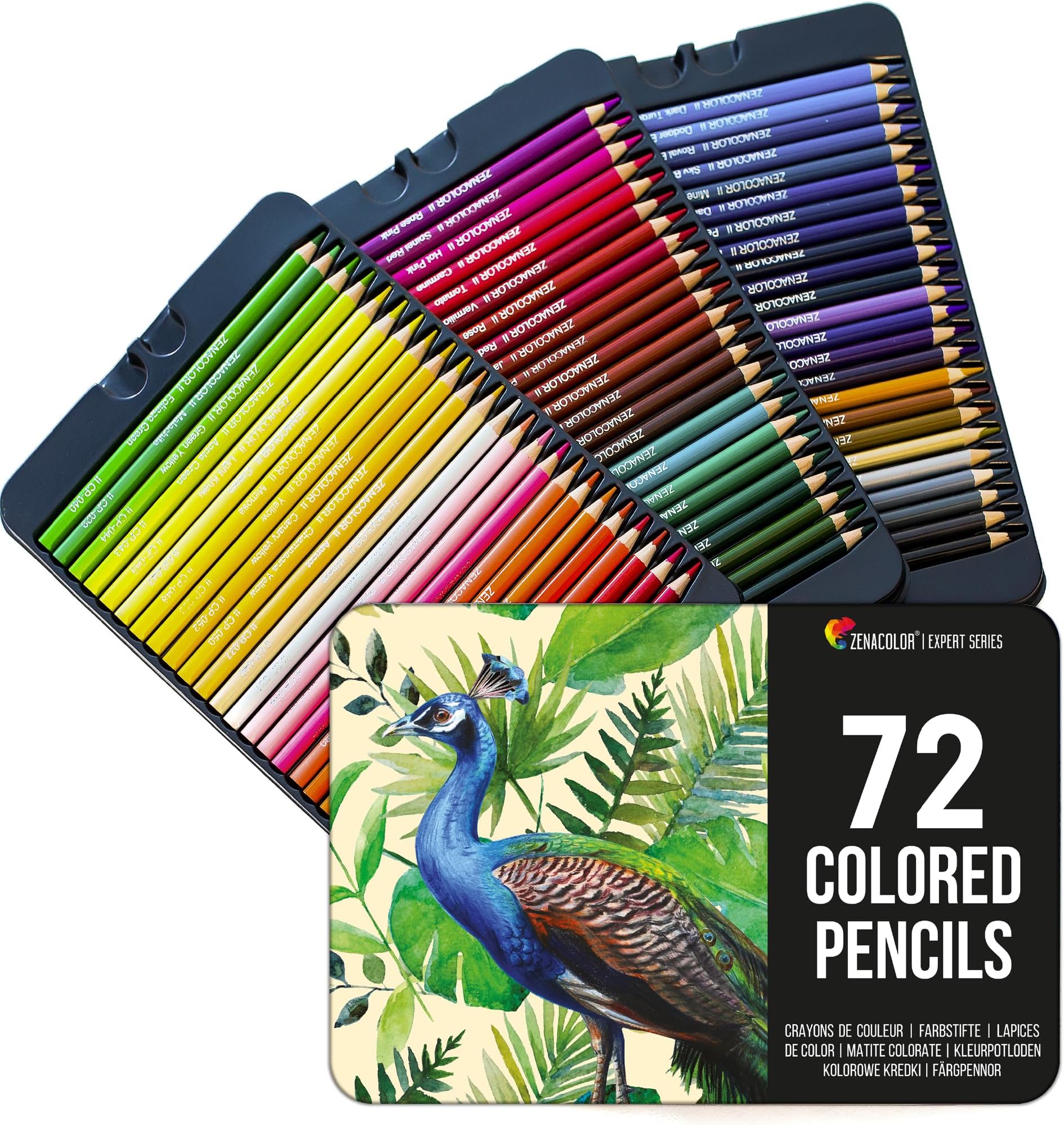 Zenacolor 72 Colouring Pencils with Metal Box 72 Unique Coloured Pencils and Pre Sharpened Crayons for Colouring Book - Easy Access with 3 Trays