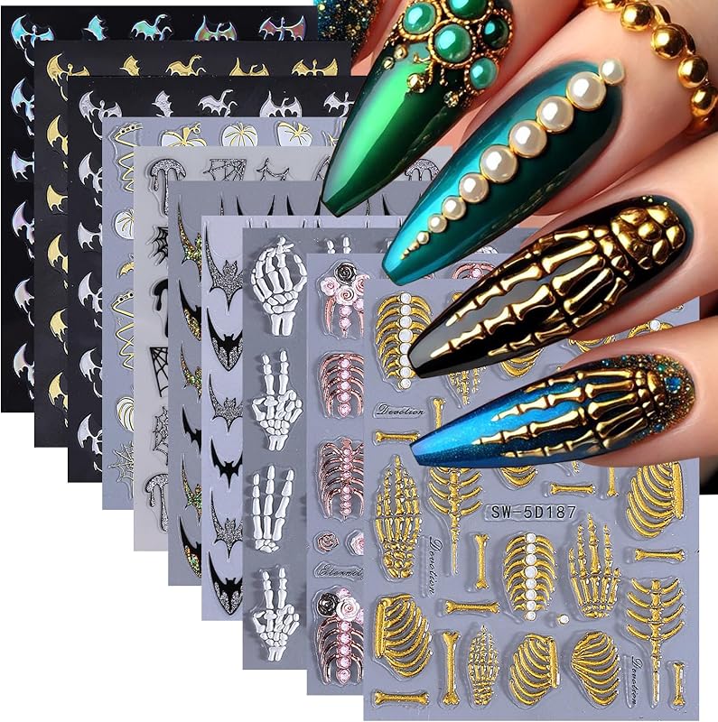 Gothic 5D Nail Art Stickers 10 PCS Embossed Skeleton Y2K Nail Decals Golden Rose Gold White Bone Skeleton Designs Goth Bat Self Adhesive Sliders Nail Art Decoration Manicure Accessories for DIY Party