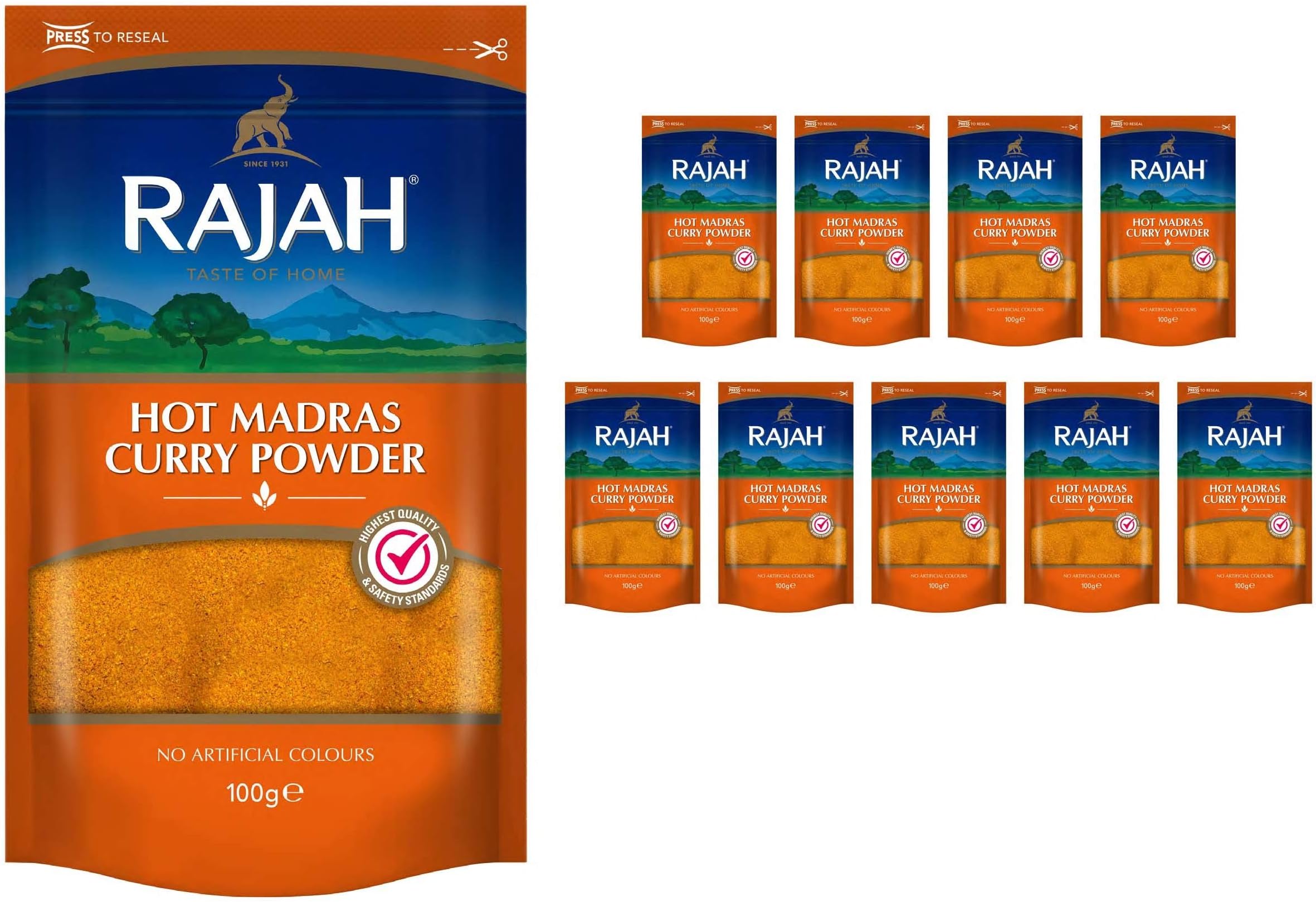 Rajah Spices Hot Madras Curry Powder | Madras Powder | Madras Curry | (100g (Pack of 10))
