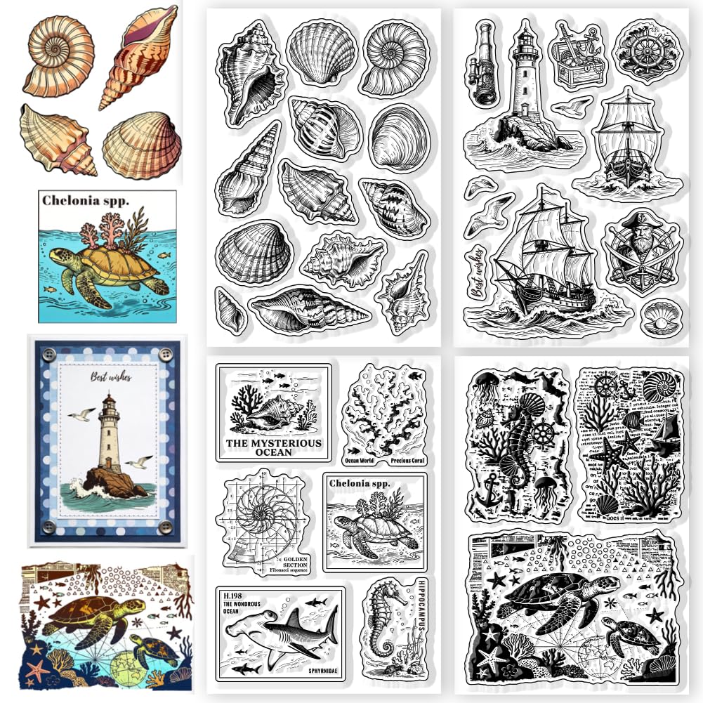 CONCHLERY 4 Sheets Retro Ocean Series Pattern Clear Stamps Seashells Silicone Stamp Seal Transparent Stamps for DIY Scrapbooking and Card Making Paper Craft Decor, 6.3x4.3 Inch