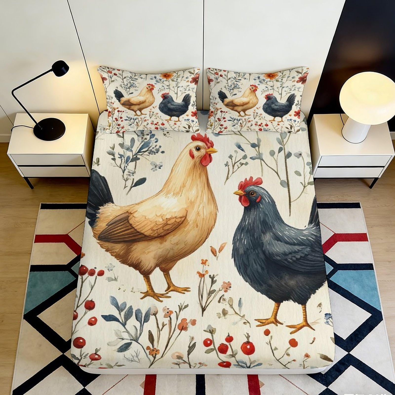 Pnayamiorkfel Style-4 3D Printed Chicken Farm Fitted Sheet Microfiber Slip Resistant Floral Hen Bed Cover For Bedroom Guest Room Decor 90X200x25cm