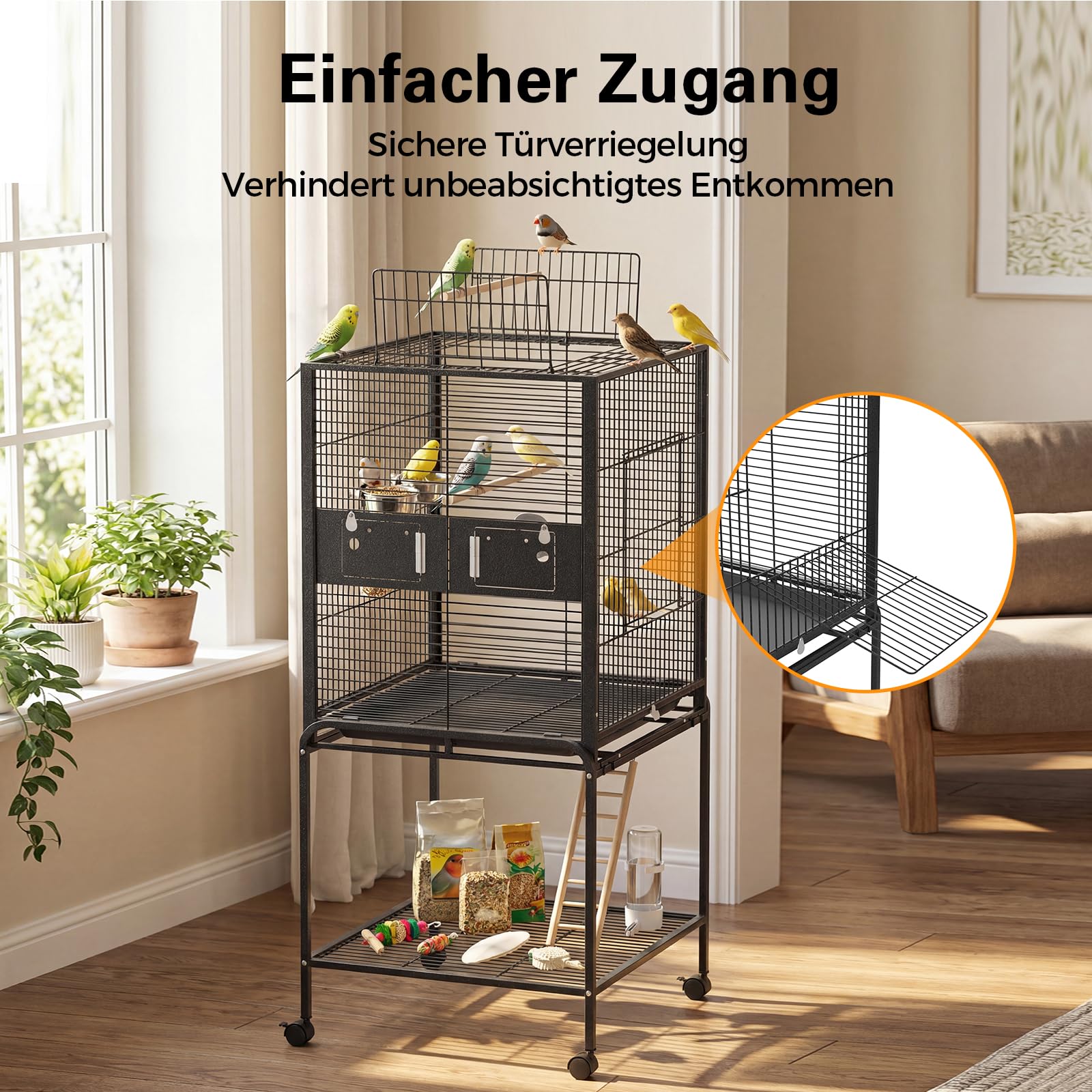 146cm Vogelkäfig Groß mit Ständer und Rollen, Vogelvoliere mit Herausziehbarer Bodenschale, Sitzstangen und Futternäpfen, Käfig für Wellensittiche, Nymphensittiche, Agaporniden