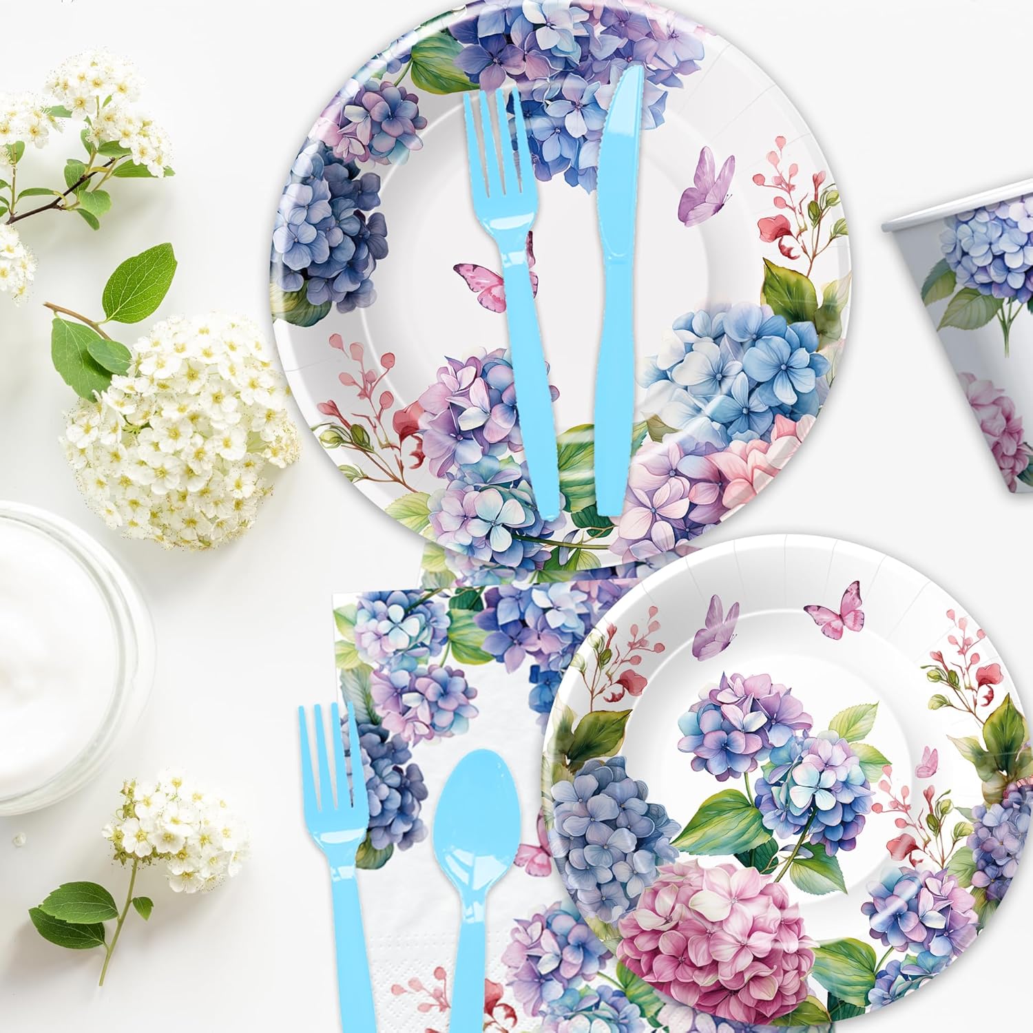 Hydrangea Floral Plates and Napkins Party Supplies - Paper Plate, Cup, Napkin, Fork - Flower Hydrangea Birthday, Bridal, Baby Shower, Wedding Decorations | Serve 24 (Pack of 2)