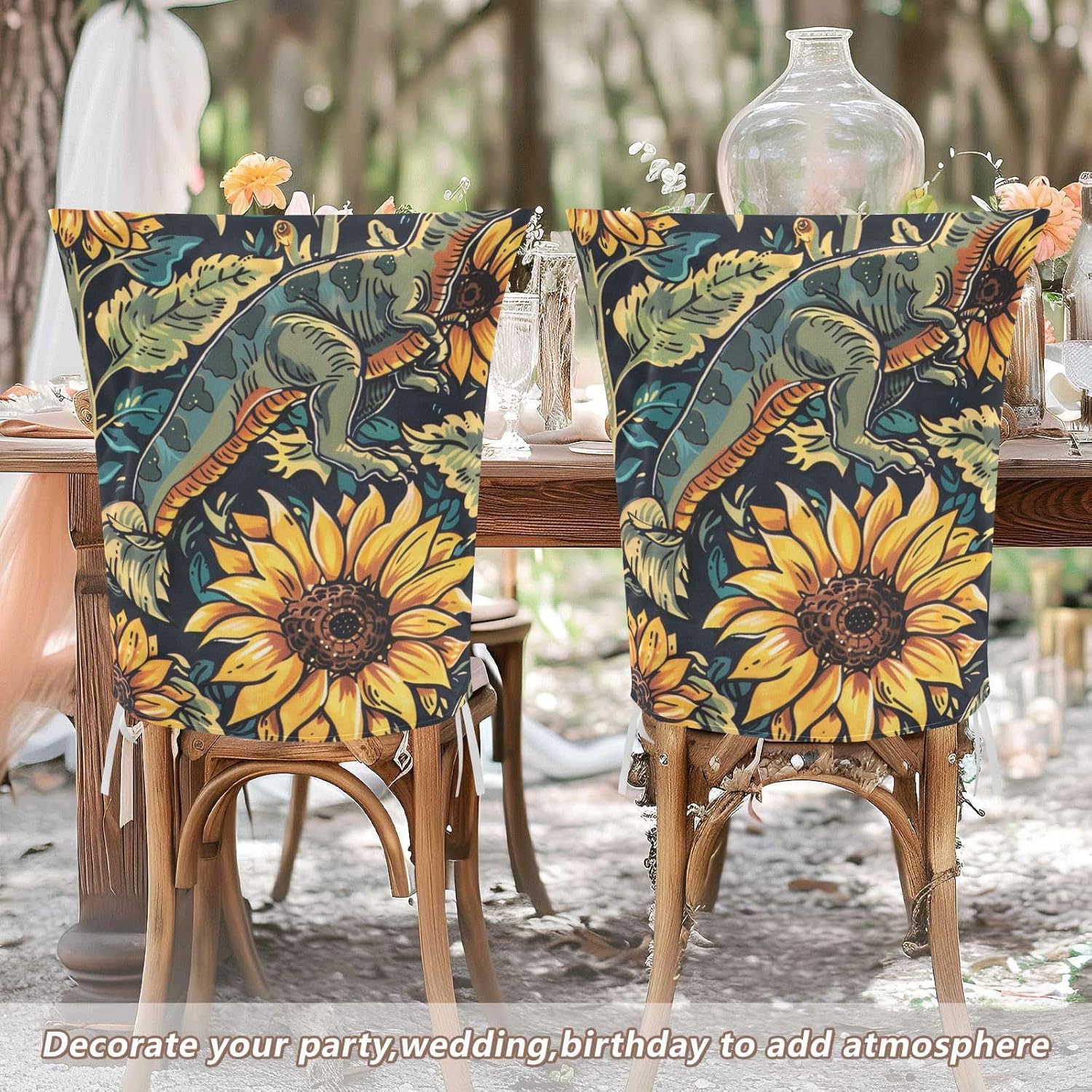 ALAZA Dinosaur and Sunflower Chair Back Cover Set of 6, Washable Reusable Removable Chair Slipcovers Decorative Chair Cover for Home Kitchen Wedding Party
