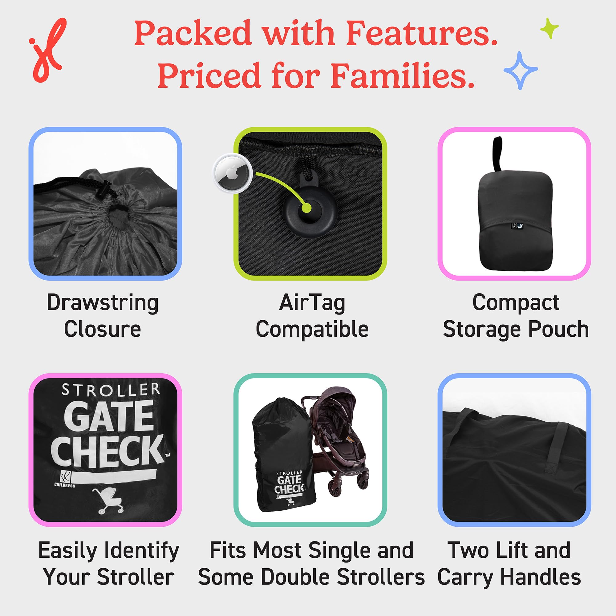 J.L. Childress Gate Check Sac pour poussettes Standard et Doubles – Sac de Voyage pour Poussette, Noir, Noir, Compacte
