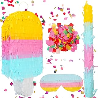 Ice Cream Pinata with Stick, Blindfold, Confetti, Ice Cream Shaped Pinata for Kids Girls Boys Summer Birthday Party Baby Shower, Ice Cream Pinata Party Supplies Decor for Candy Party-16.9*7.8*2.9Inch