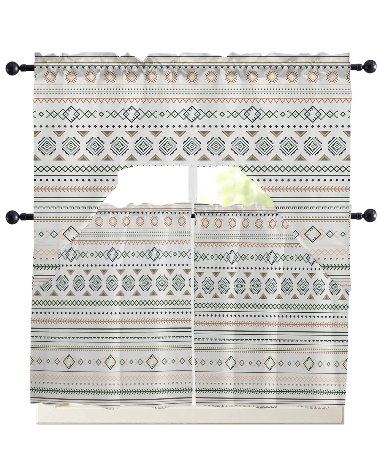 Jolunifun Boho Swag Kitchen Curtain Sets with Valance,3 Pieces Rod Pocket Curtain Drapes for Bedroom Living Room Bathroom Cafe Windows,Casual Modern Native Tribal 56''x36''&36''x27.5''x2Panels
