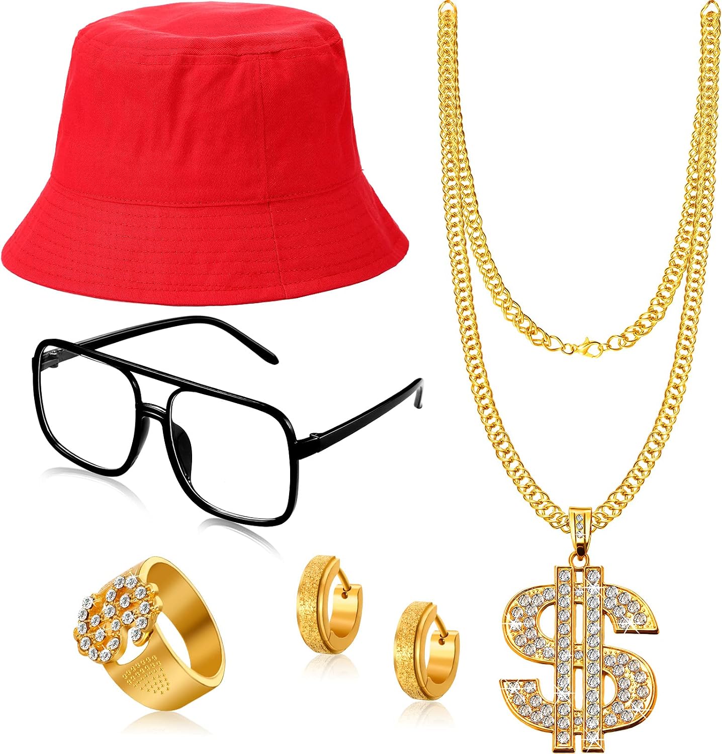 SATINIOR 80s 90s Hip Hop Costume Outfit Kit, 5 Pcs Dollar Chain Necklace Ring Bucket Hat Glasses Earring for Rapper Men Women