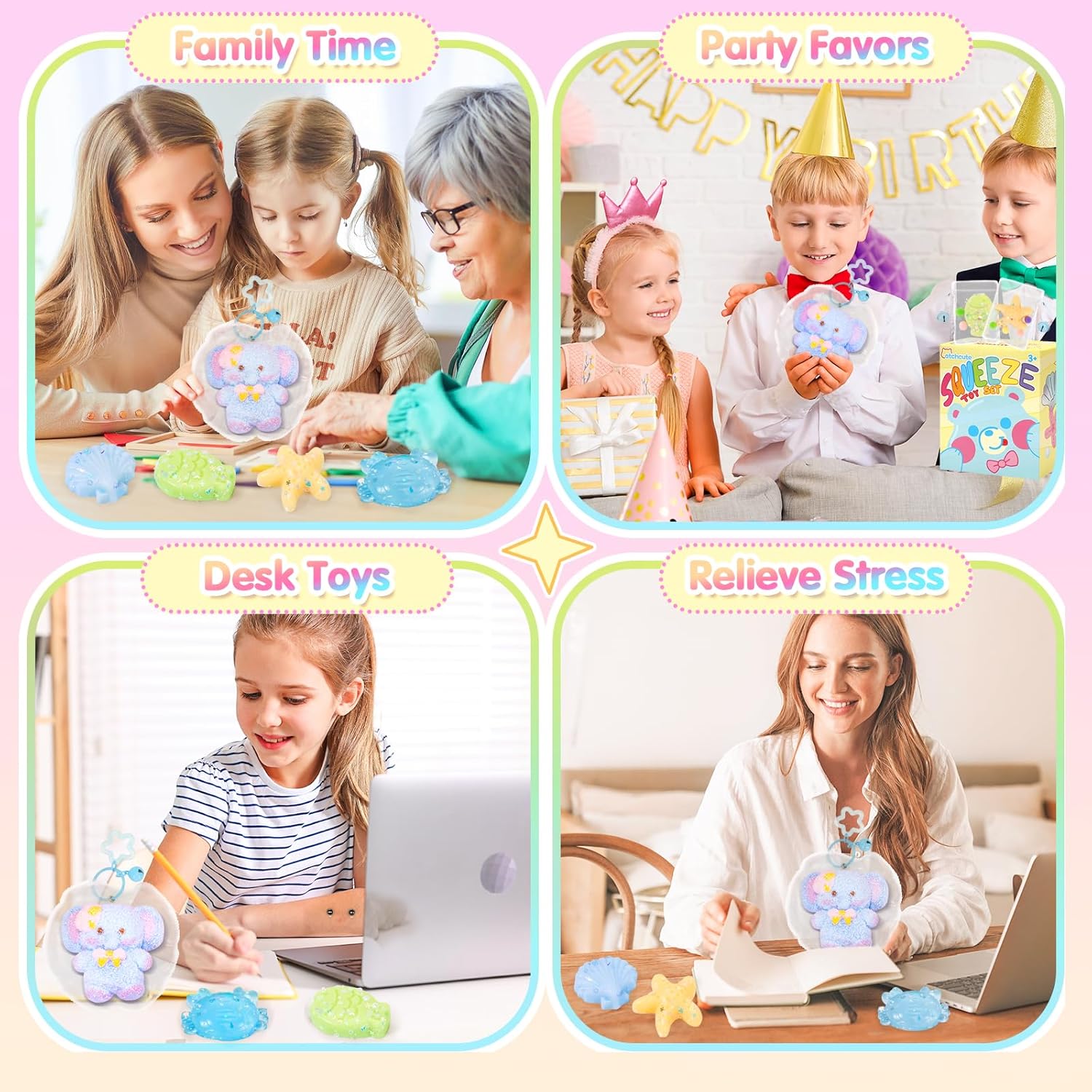 CatchCute Squishies Toys Set 5PCS, Squeeze Toys Soft Elephant Starfish Seashell Crab Sensory Fidget Toys for Stress Anxiety Relief, Sticky Toys Party Favors Birthday for Boys and Girls