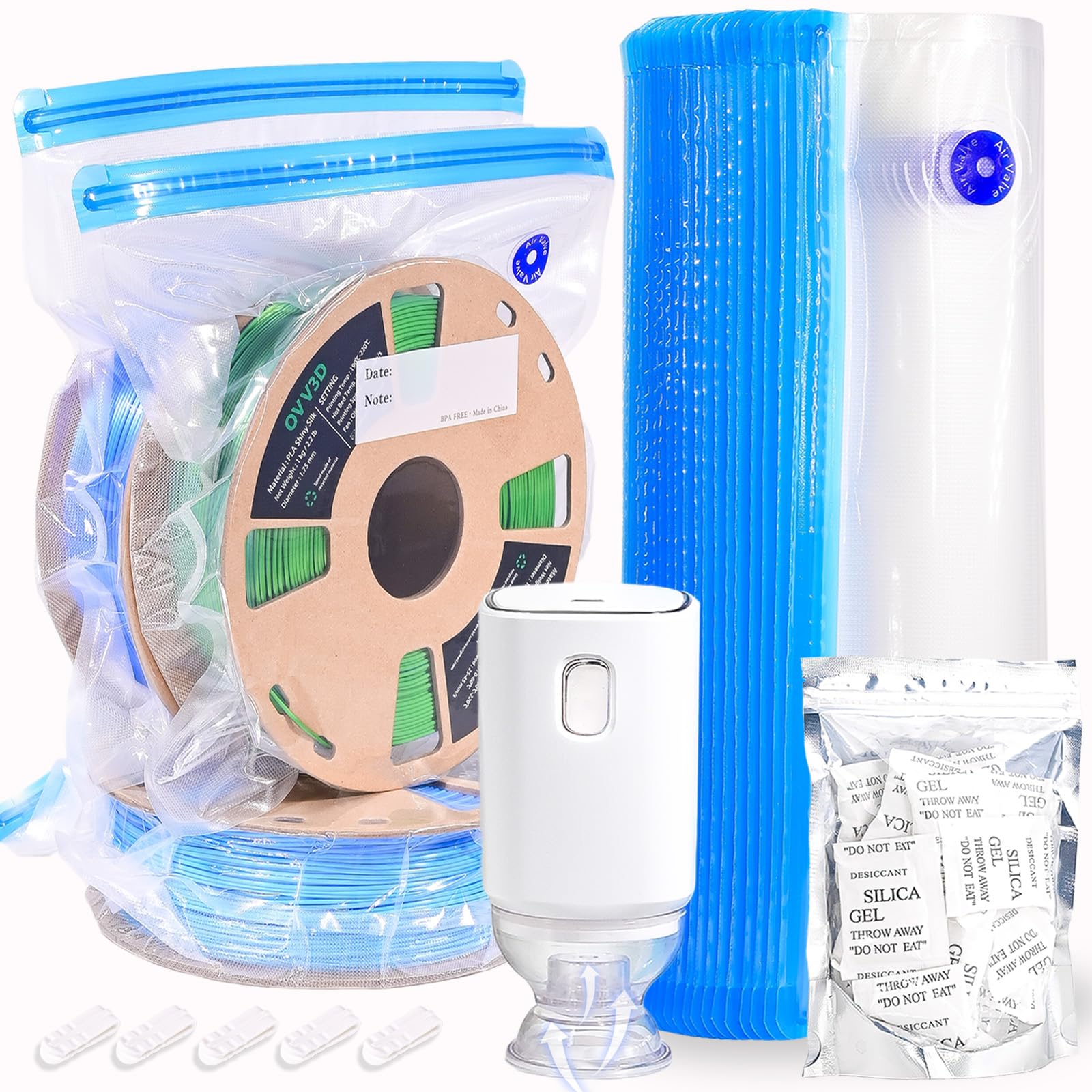 OVV3D Filament Aufbewahrung Kit mit Auto Pumpe, 32x34cm 30 Vakuumbeutel, 30 Trockenmittel