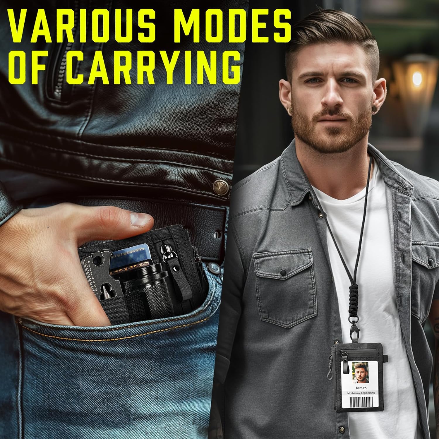 LIUGX Tactical ID Card Holder with RFID Blocking, Waterproof Zipper Pocket,Three-in-one Fabric,Neck Lanyard Key Ring,EDC Pouch & Credit Card Organizer