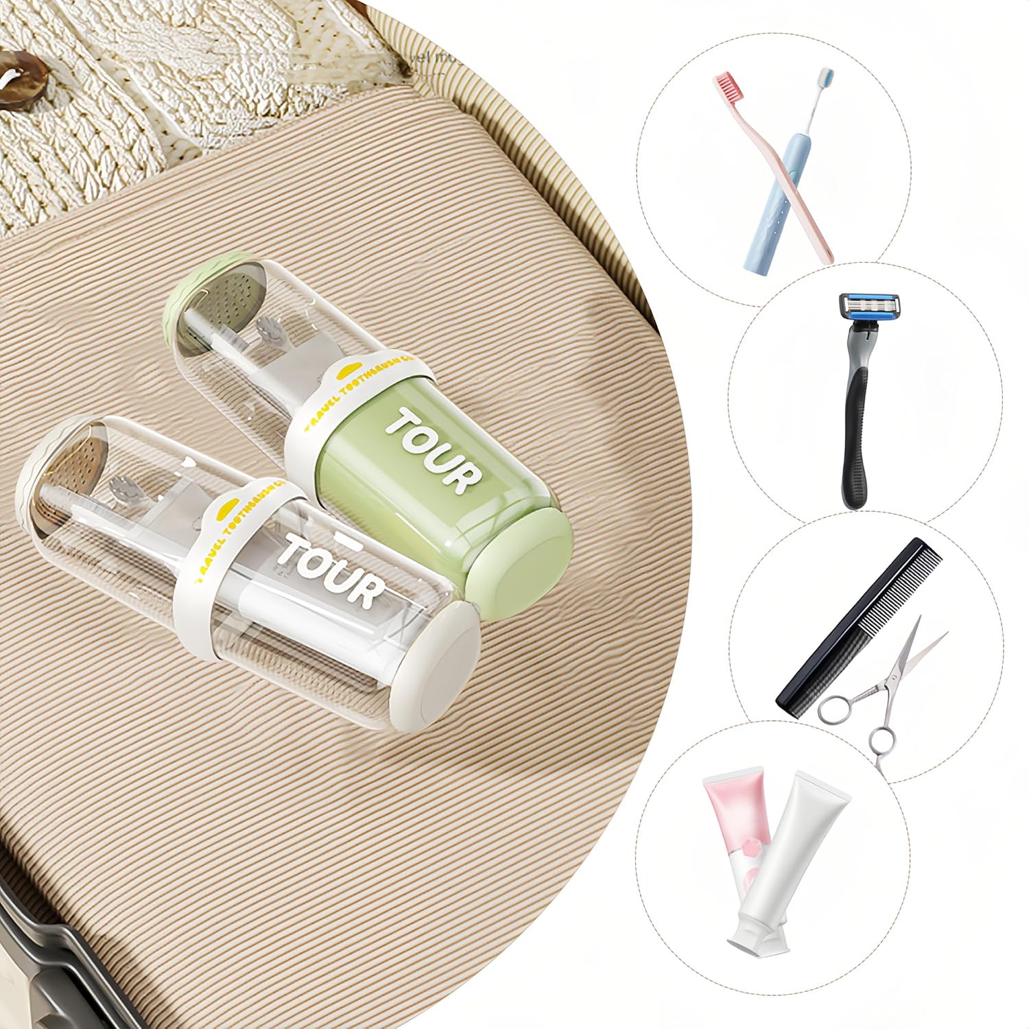 Tiiyee 2 Pack Toothbrush Travel Case, Portable Tooth Brush Holder and Toothpaste Cover Container Rinse Cup Oral Clean Tools Organizer for Camping Traveling School Bathroom Business(White + Green)