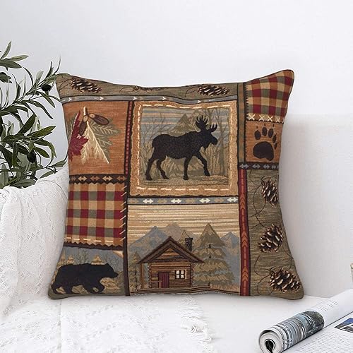 Miniatura 7 de Juego de 2 fundas de almohada cuadradas de 18 x 18 pulgadas color marrón retro para casa de campo, oso, alce, fundas de almohada decorativas para el