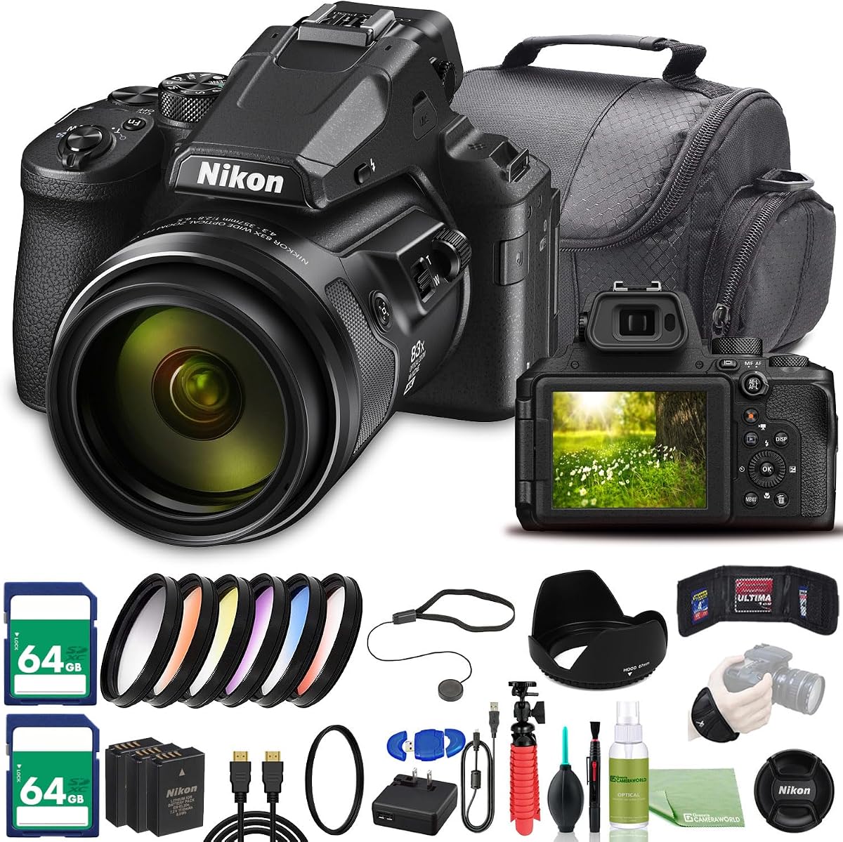 Nikon COOLPIX P950 Digital Camera (26532) & Tripod Bundle | For Photography & Video | 12 Inch + 2x 64GB Memory Cards + Case + More