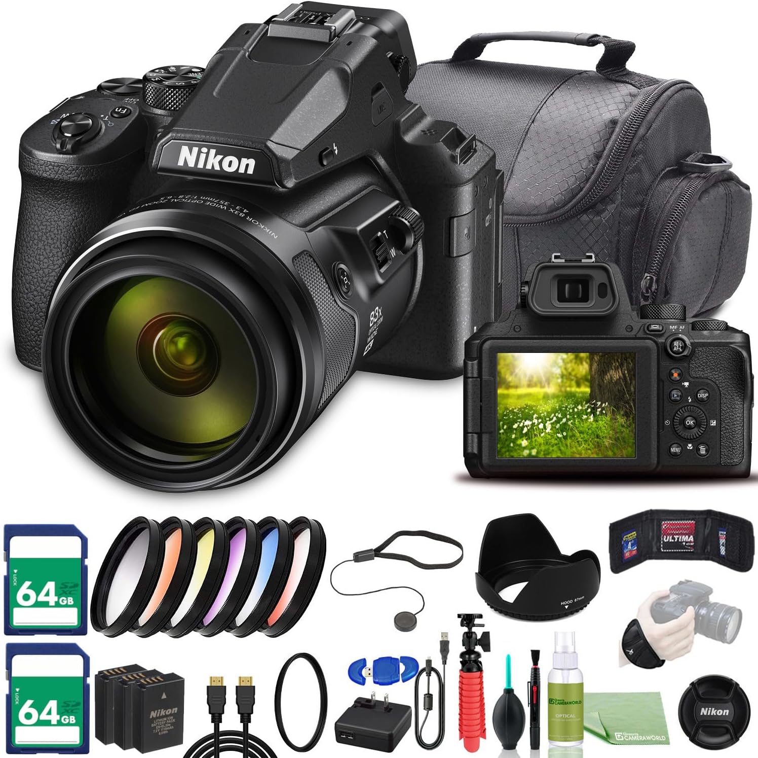 Nikon COOLPIX P950 Digital Camera - Bundle - (26532) + Color Multicoated 6pcs Filter Set + 2X EN-EL20 Battery + 2 x 64GB Memory Card + Large Case + 12 Inch Flexible Tripod + More