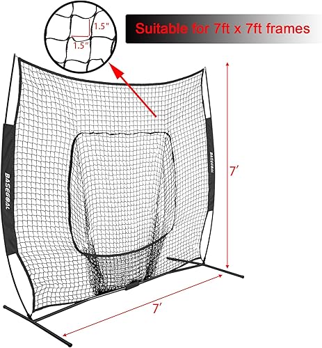 Vista 6 de Red de repuesto de béisbol y sóftbol de 7 x 7 pies (solo la red), resistente sin nudos para práctica de lanzamiento de béisbol, golpear y lanzar