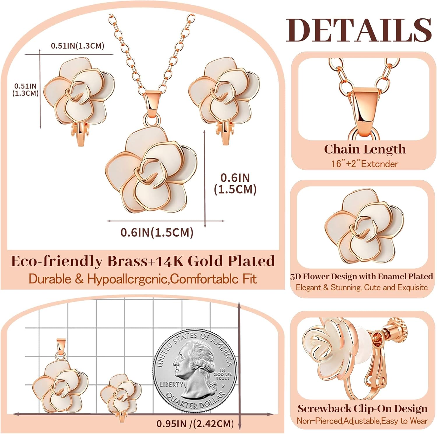 Dainty Rose Flower Pendant Necklace Clip On Earrings Set for Women 14K Gold Plated Hypoallergenic Jewelry Sets - Image 7