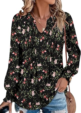 BETTE BOUTIK Long Sleeve Shirts for Women Fall Tops Dressy Blouses Pleated V Neck Tunic Tops for Leggings S-3XL