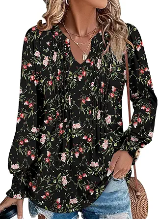 BETTE BOUTIK Long Sleeve Shirts for Women Fall Tops Dressy Blouses Pleated V Neck Tunic Tops for Leggings S-3XL