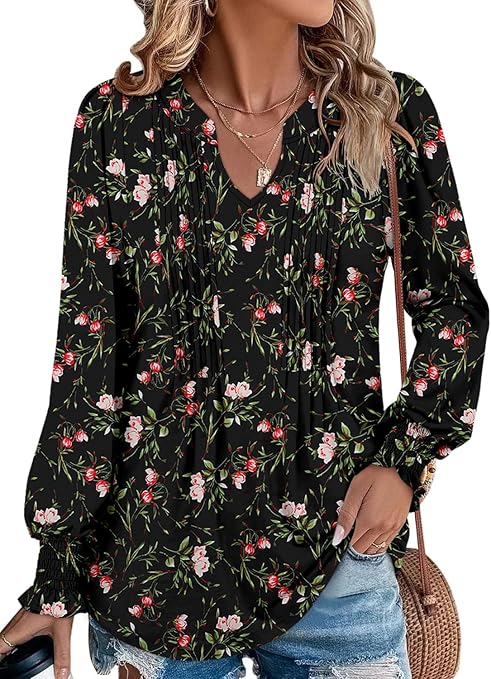 BETTE BOUTIK Long Sleeve Shirts for Women Fall Tops Dressy Blouses Pleated V Neck Tunic Tops for Leggings S-3XL