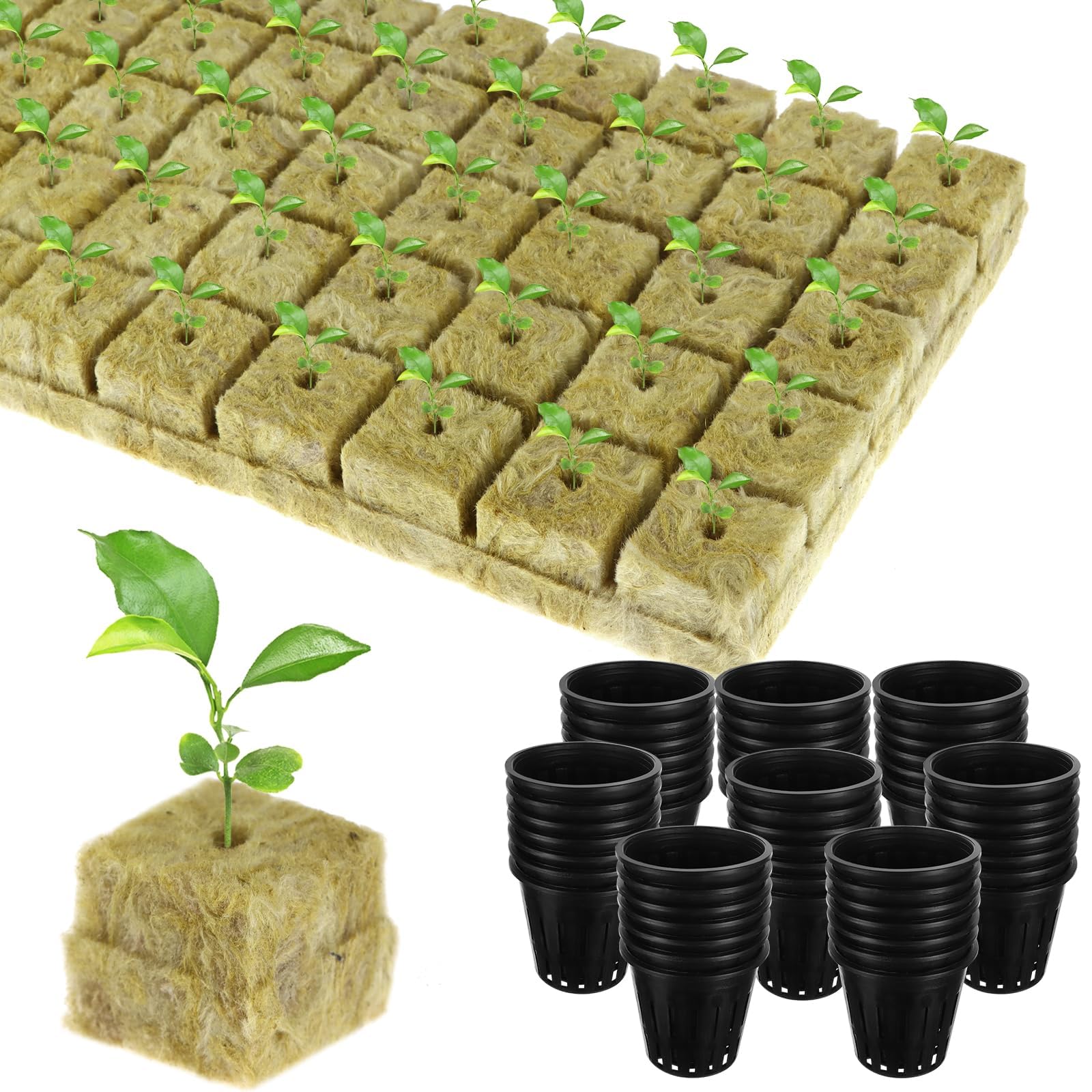 Ruiyele Black 50 Sets 1 Inch Rockwool Grow Cubes Including 50 Pcs Plastic Net Pots 50 Pcs Rock Wool Planting Cubes For Hydroponics Garden Tower Supplies Soilless Planting Seedling Greenhouse Plant Propagation