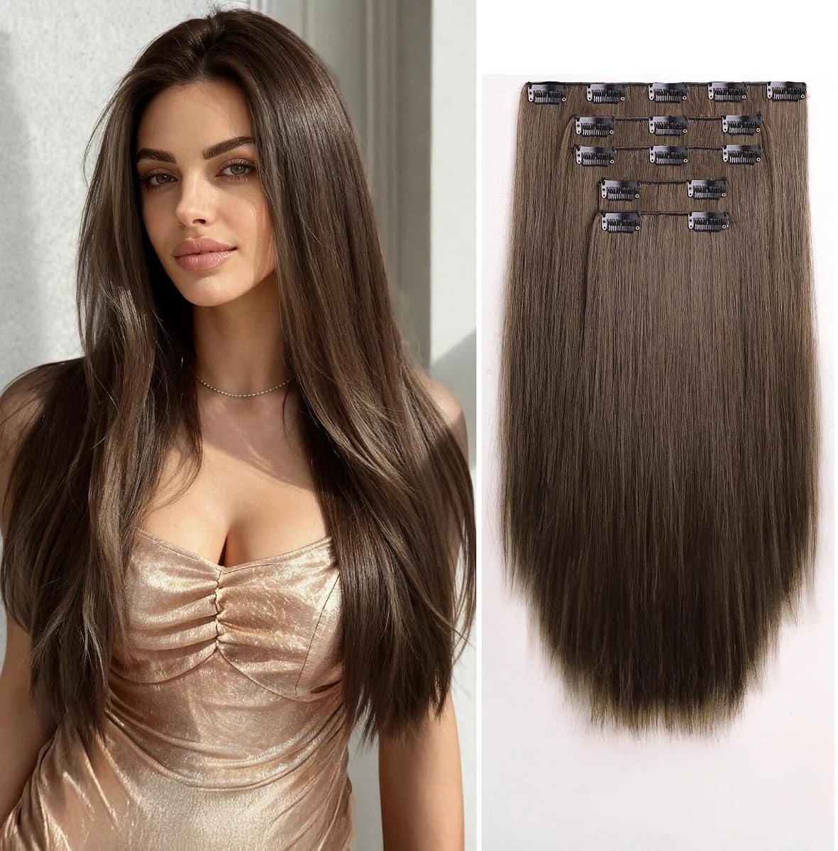Extensiones de cabello liso de 18 pulgadas con clip para mujer, color marrón oscuro fino | 5 extensiones de cabello marrón chocolate con clip en recto artificial, 18 pulgadas, peso ligero, para reuniones de fiesta de mujeres, 6,5 oz