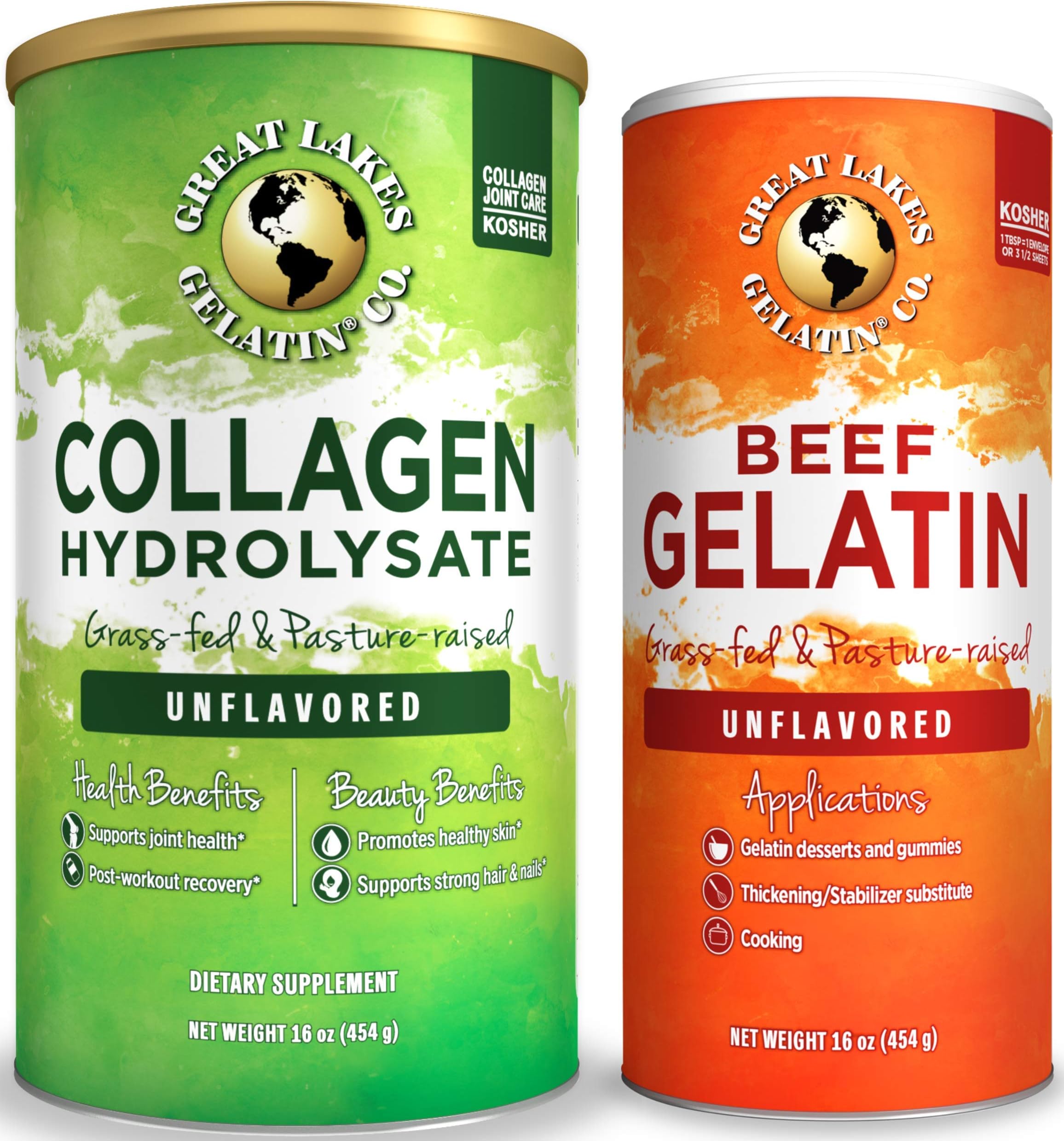 Great Lakes Gelatin, 16 Oz Cans: (1) Unflavored Kosher Beef and (1) Unflavored Kosher Collagen Hydrolysate