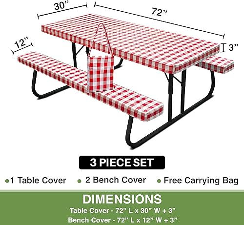 Miniatura 4 de Hudson Comfort Funda de mesa de picnic con fundas de banco, 500 GSM, reutilizable, de vinilo resistente, para exteriores, mantel de picnic