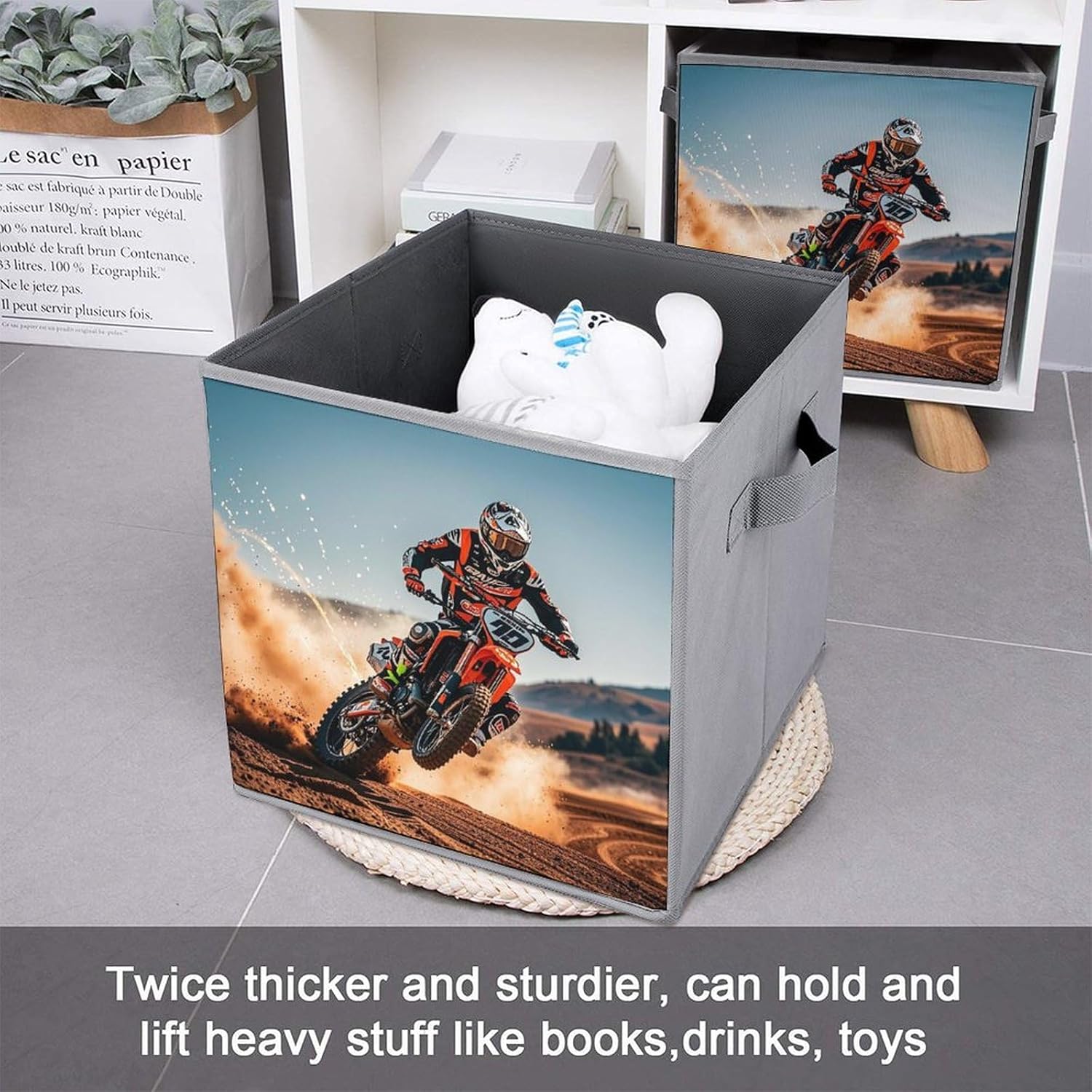 Sports Motorcycle Foldable Storage Box with Handles, Durable Oxford Storage Cubes, 2PCS Collapsible Closet Organizer for Home, Shelf, Office, Travel