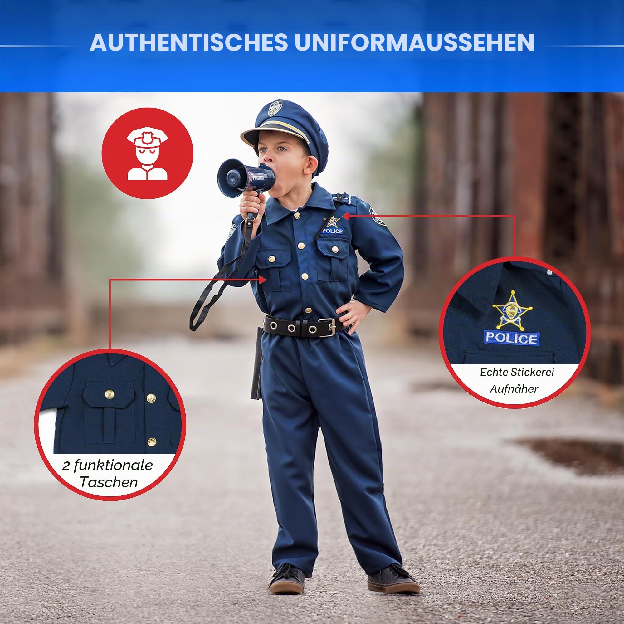 Dress Up America Polizeikostüm für Jungen – Hemd, Hose, Hut, Gürtel, Trillerpfeife, Pistolenhalfter und Walkie-Talkie-Cop-Set, Blau