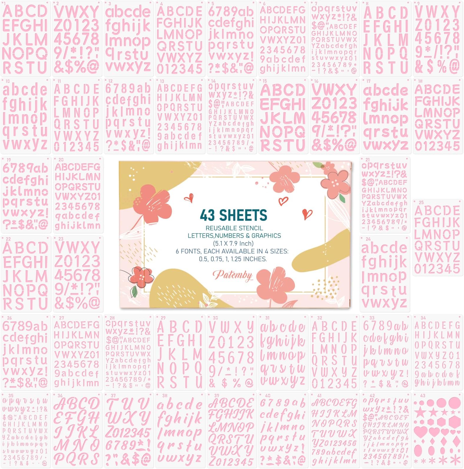 1/2, 3/4, 1, 5/4 Inch Letter Stencils for Crafts Reusable – 43 PCS (5.1 X 7.9 Inch) Small Plastic Stencils for Painting – Small Number and Alphabet Stencil for Crafts Art Projects