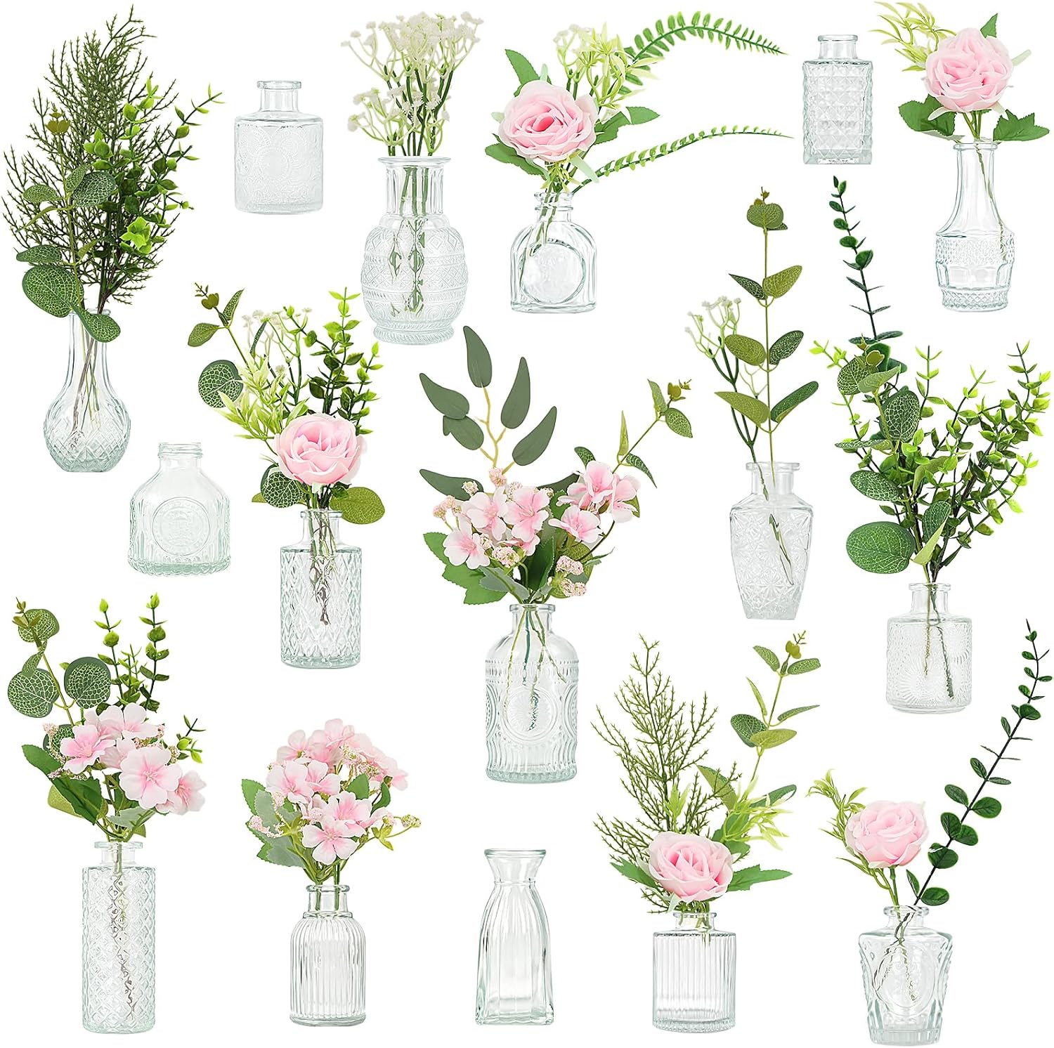 WARMALL Artificial Flowers with Vases, 16 Pcs Bud Vases, & 81 Pcs Artificial Plants DIY Set Suitable for Centerpieces Table Weddings Party Office and Indoor Decor Mini Small Glass Clear(White)