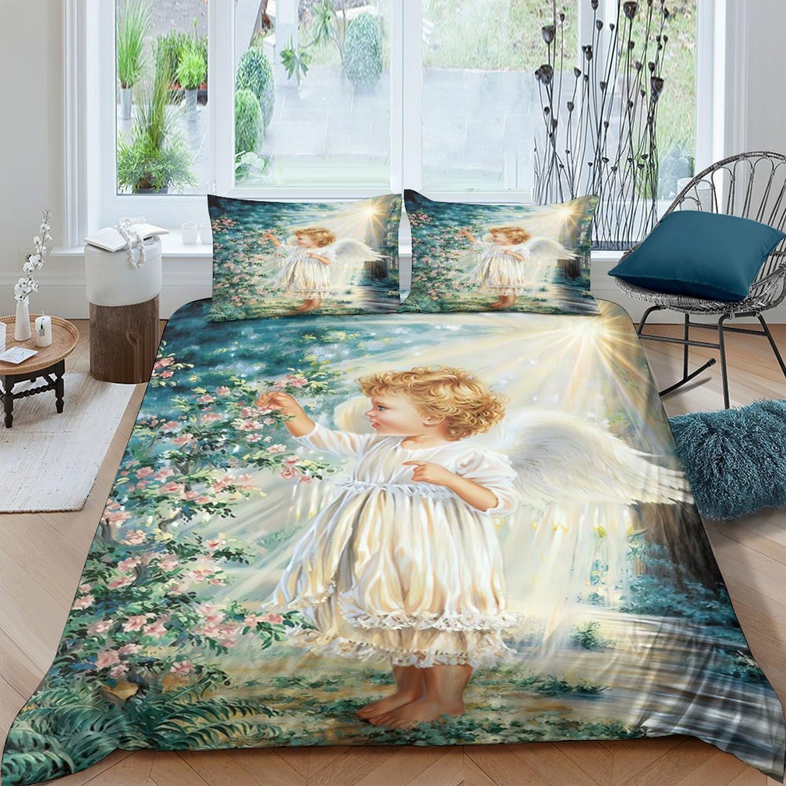 GPLZQXKJNH 3D Printed Angel Flower Duvet Cover Microfiber Soft Breathable Bedding Set with 2 Pillowcases for Bedroom Decor Single（135x200cm）