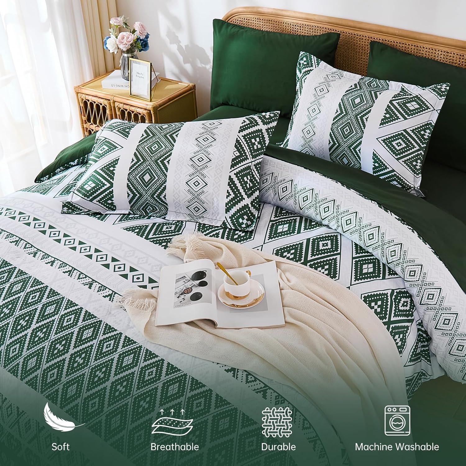 Luxudecor Green Comforter Set Queen Size 7 Pieces,Boho Aztec Comforter with Sheet Set,Geometric Striped Pattern Bed in a Bag,Soft Microfiber Bed Set 90"x90" - Image 4