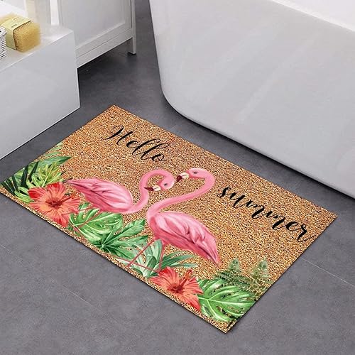 Miniatura 5 de Felpudo de coco Hello Summer Happy Life, tapete de flamenco para interiores y exteriores, tapete de piso para entrada, se seca rápidamente, respaldo