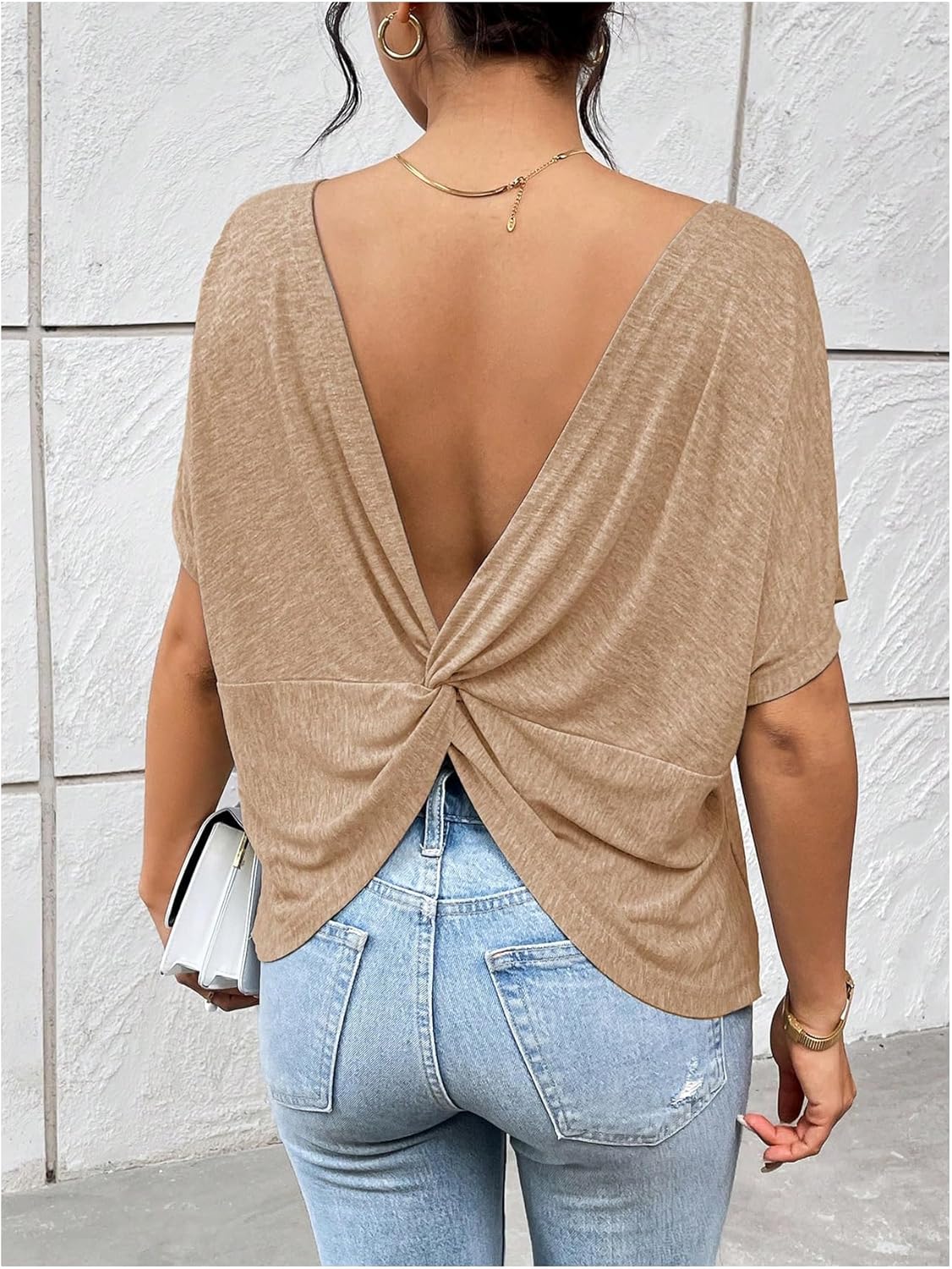 Women's Backless Twist Knot T Shirt Oversized Solid Short Sleeve Tees Open Back Asymmetrical Hem Casual Tops - Image 4