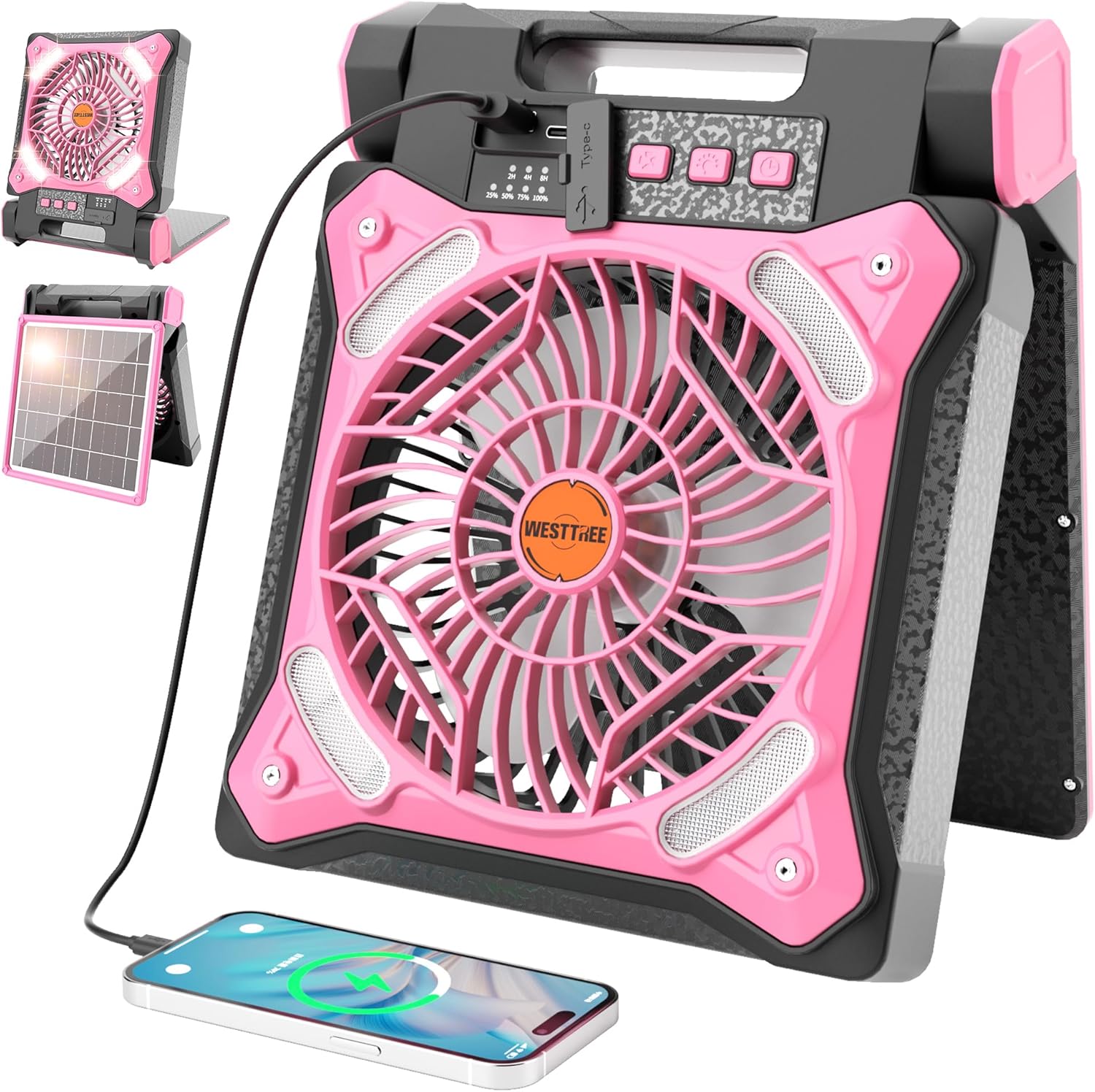 Photo voltaic Fan Battery Powered Rechargeable Photo voltaic Tenting Fan with Led Lantern & Energy Financial institution Foldable Angle USB Private Followers for Journey Outside Tenting Tents X98 Pink
